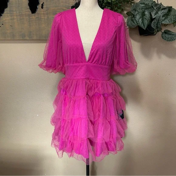 Lulus Dramatic Poise Hot Pink Dot Tulle Puff Sleeve Tiered Mini Dress - Picture 2 of 9